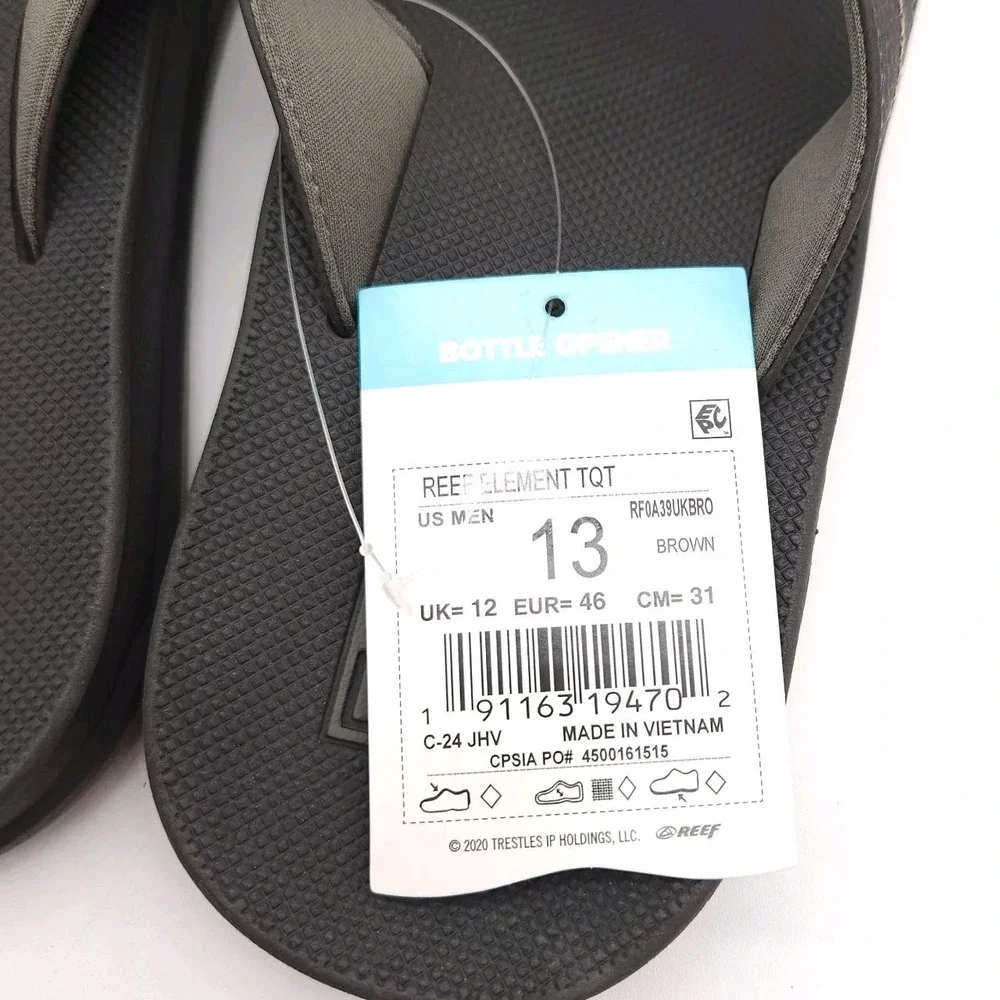 Reef‎ (Mens Size 13) Element TQT Thong Flip Flops Sandal Brown Bottle Opener New